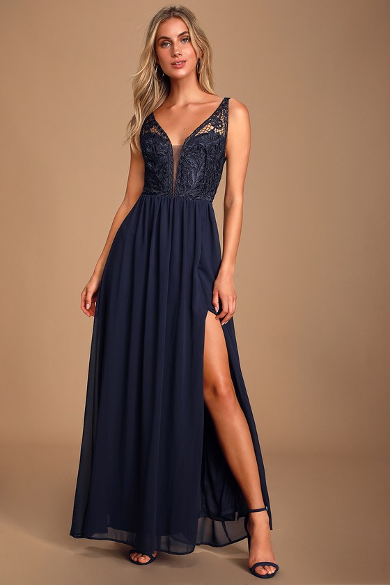 Elegant Navy Blue Gown - Lace Maxi ...